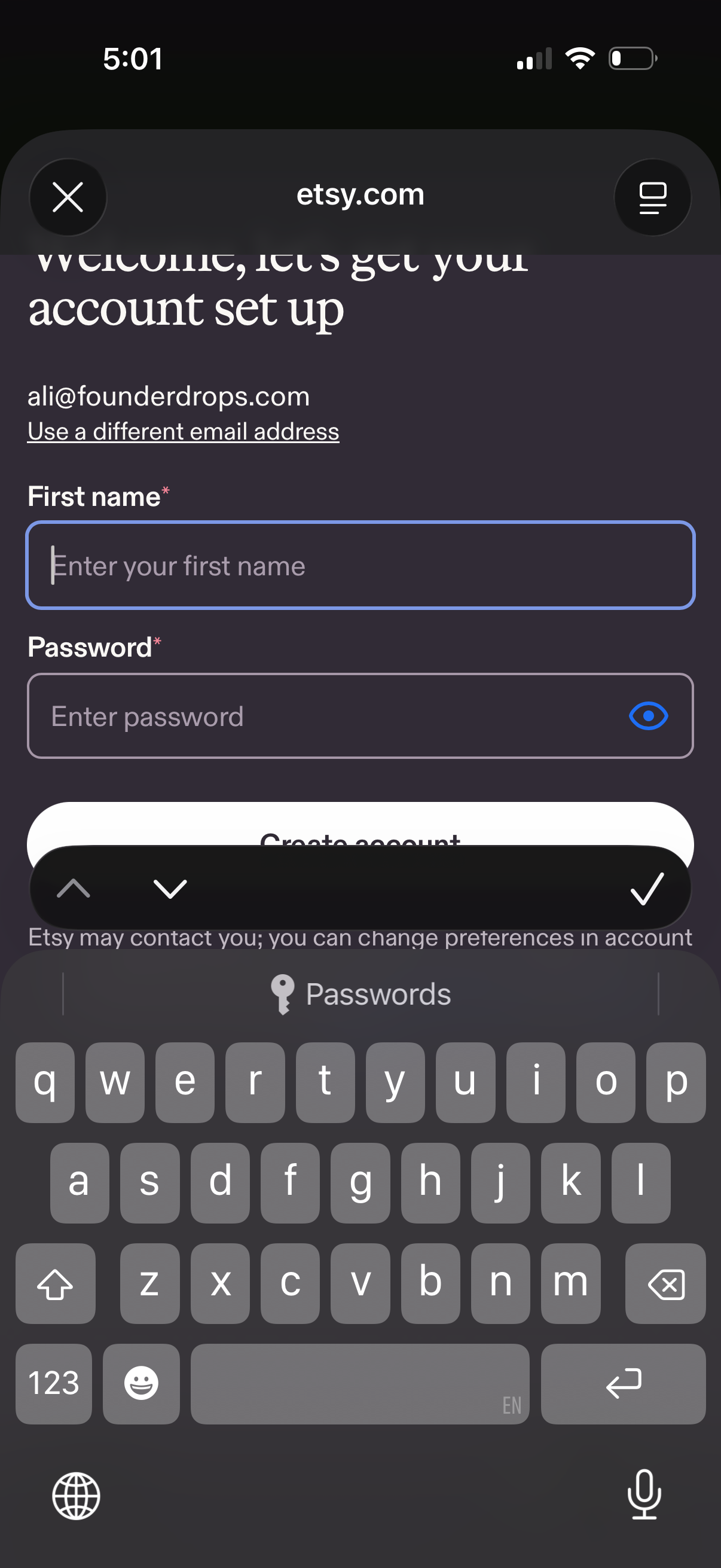 etsy signup screenshot